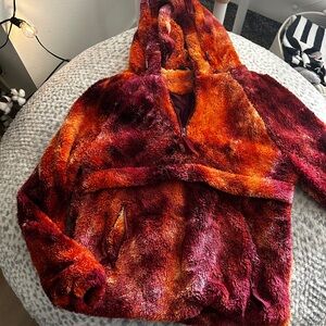 Fashion Nova Plush Hooded Puffer Jacket in Red and Orange Tie-Dye